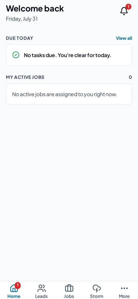 The RoofAI field app on a phone, showing the home screen with tasks due today, the jobs assigned to the logged-in user, and tabs for Home, Leads, Jobs, Storm and More.